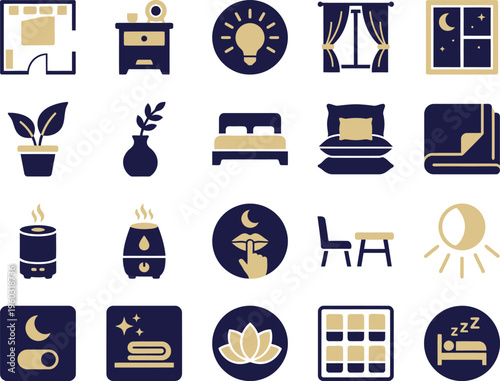 A comprehensive collection of flat icons illustrating bedroom furniture, home decor, and sleep-related concepts.