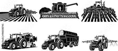 Agricultural machinery silhouettes set including tractor, harvester, plow and sprayer, farming equipment collection in black vector illustration isolated on white background for agriculture concept
