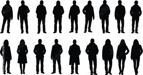 collection of diverse standing people silhouettes isolated on white background, full body human figures group set black vector illustration design
