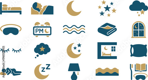 Collection of stylized icons representing various concepts related to nighttime, rest, comfort, and sleeping accessories.