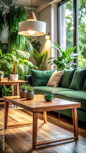 A photo of a wooden table in front of a green couch in a spacious living room interior, with plants and lamps, natural light streaming through windo