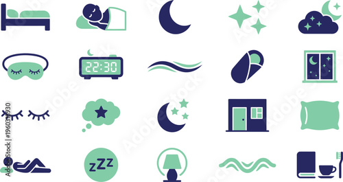 Modern vector icon set illustrating various elements of sleep, bedtime, and healthy rest.