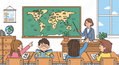 Teacher and diverse students learning geography with a world map in a bright classroom setting, illustrating global education and childhood development.