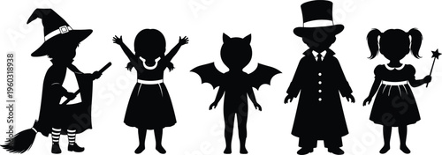Black silhouette illustration of five children in Halloween costumes including witch, bat, fairy, and magician, symbolizing festive artwork, holiday design, and spooky projects