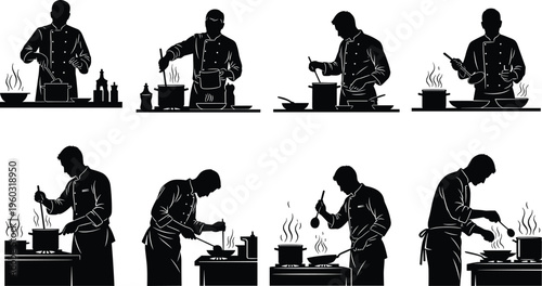 collection of professional chef cooking silhouettes in kitchen isolated on white background, culinary preparation food concept black vector illustration set