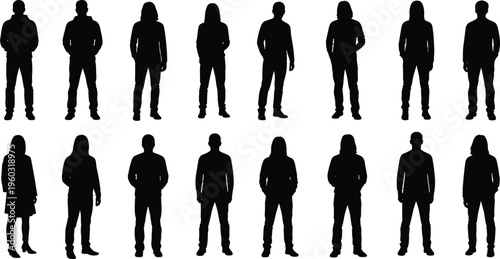 collection of diverse standing people silhouettes isolated on white background, full body human figures set black vector illustration design