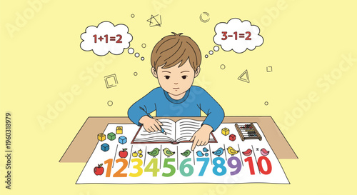 Cute boy learning basic math and numbers, studying at a desk with colorful educational materials. Childhood education concept illustration.
