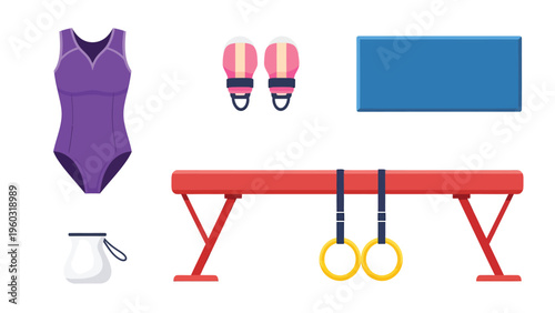 Gymnastics Sports Equipment Set: Leotard, Balance Beam, Rings, Mat, Wrist Guards, Chalk Bag. Flat Lay for Training & Competition