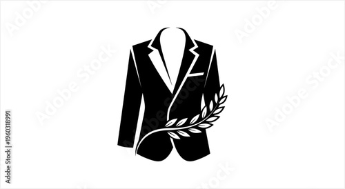 Elegant Black Suit Jacket with Laurel Wreath Design.