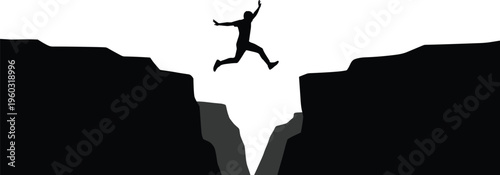 Black silhouette illustration of person leaping across cliffs with dynamic motion, symbolizing motivation artwork, risk-taking design, inspirational creativity, and overcoming obstacles projects