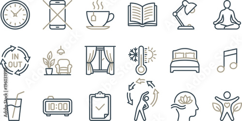 Collection of minimalist line icons representing various aspects of healthy daily routine and self care