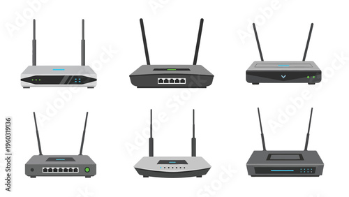 Wireless Wi-Fi Routers Set. Modern Network Devices Collection for Internet Connection and Home Office
