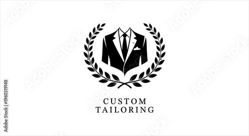 Elegant Custom Tailoring Logo with Suit and Laurel Wreath Design.