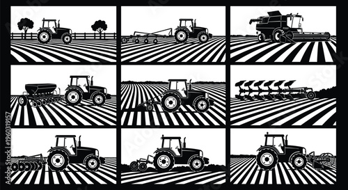 Black-and-white illustration of nine panels showing tractors, plows, harvesters, and farming equipment in striped fields, symbolizing agriculture artwork, machinery design, and rural projects