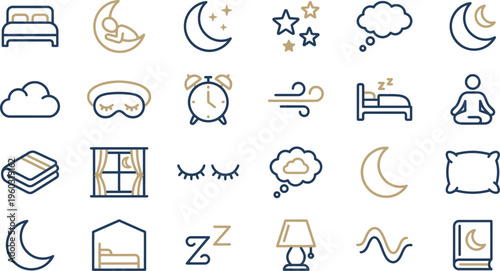 Simple blue and gold line art icons representing various concepts of sleep, rest, night, and relaxation.