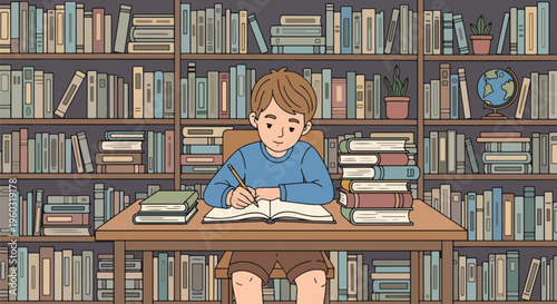 Young boy diligently studying and writing at a desk in a library filled with bookshelves and books