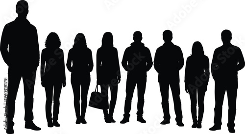 group of diverse standing people silhouettes isolated on white background, full body human figures lineup set black vector illustration