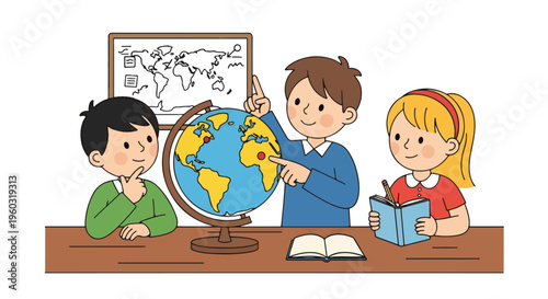 Children learning geography with a globe and world map in a classroom setting, illustration