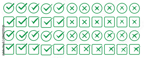 Check tick mark icon set. Cross box check mark checkbox list vector draw hand drawn sketch doodle brush marker checklist symbol wrong right circle. Vector Illustration. Red, Green, Black color EPS 10