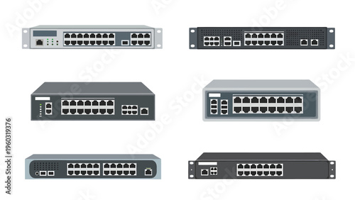 Network Switches Set for IT Infrastructure. Flat Vector Design of Data Communication Hubs and Routers for Computer Networks.