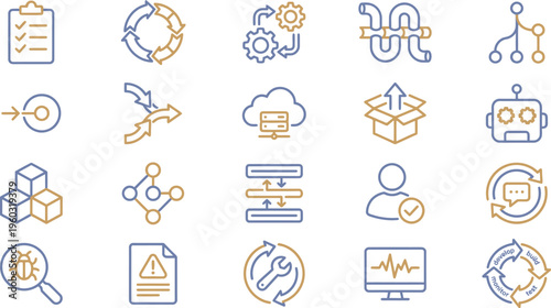 A comprehensive collection of blue and brown line icons representing various technology, data, process, and development concepts.