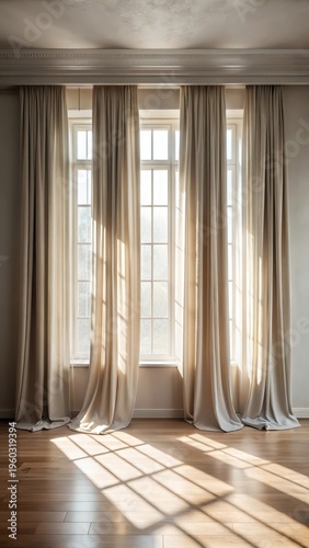 A photo of soft curtains casting gentle sunlight shadows on a room interior