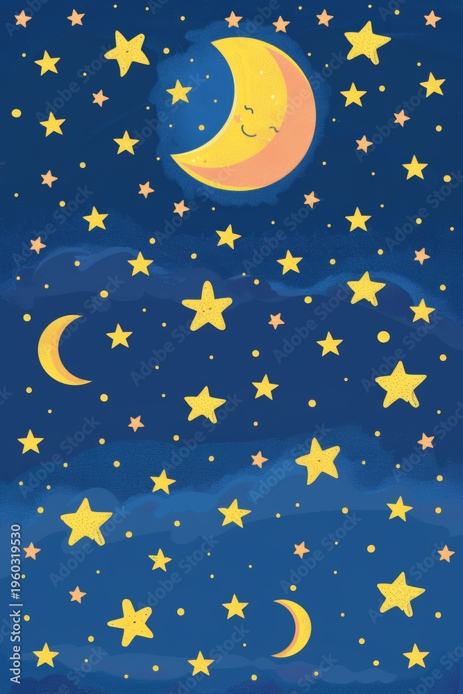 Naklejka premium yellow stars and moon with a smile on the dark blue sky