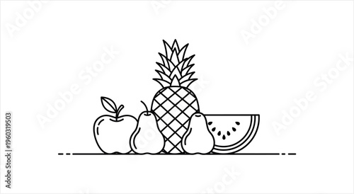 Line art illustration of various fresh fruits including pineapple, apple, pears, and watermelon.