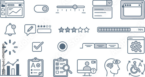 A comprehensive collection of modern UI and UX line icons for digital web and app interface design.