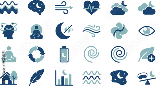 A comprehensive collection of serene wellness, health, and sleep-related flat icons, perfect for digital design.