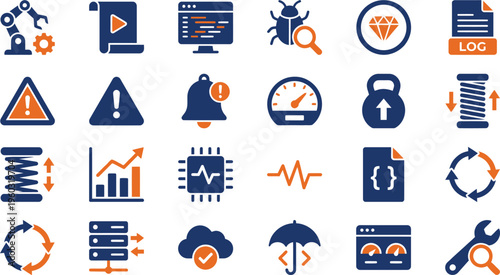 Collection of twenty-four distinct blue and orange icons representing software development and technical processes.