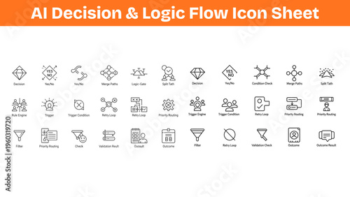 AI Decision Flow Outline Icons Set Logic Process Diagram Black Line Pack