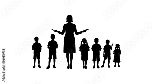 Silhouette of a female teacher with a group of young children.