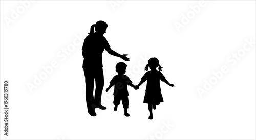 Silhouette of a mother with two young children holding hands.