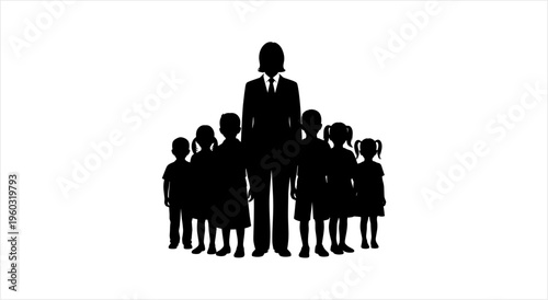 Silhouette of a teacher with a group of young students.