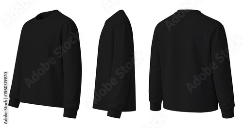 Foto Blank Black Long Sleeve Crew Neck T-Shirt Mockup, Front Side Back Views, Plain S