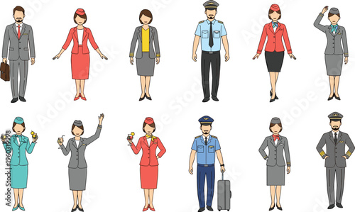 Cartoon-style illustration of airline personnel including pilots, flight attendants, and staff in diverse uniforms, symbolizing aviation artwork, travel design, airline creativity