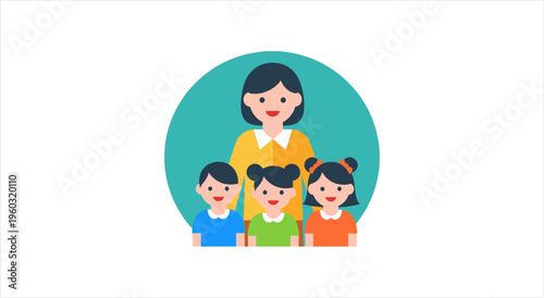 Teacher and three students in a classroom setting.