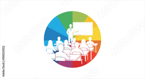 Teacher instructing students in a classroom setting with a colorful circular background.