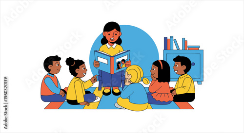 Teacher reading story to diverse group of young children sitting on a rug.