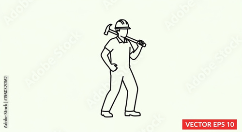 Construction worker with hammer on shoulder, ready for work, wearing helmet.