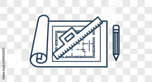 Architectural blueprint with ruler and pencil, ready for construction planning and design.