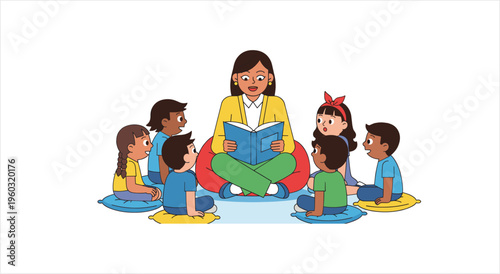 Teacher reading storybook to diverse group of young children sitting on floor.