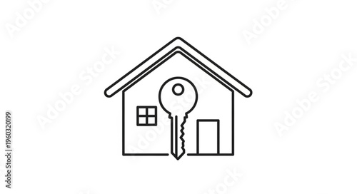 Simple line drawing of a house with a key, representing home ownership and security.