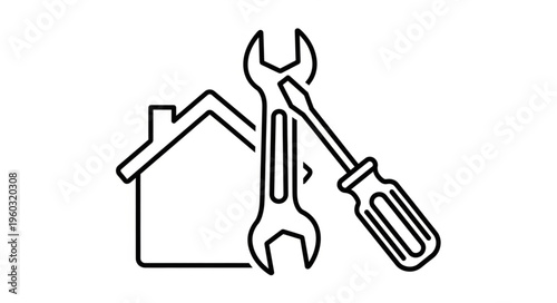 Home repair and maintenance concept with tools and house outline.
