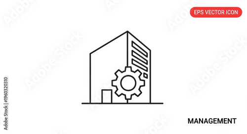 Conceptual illustration of a building with a gear representing management and operations.