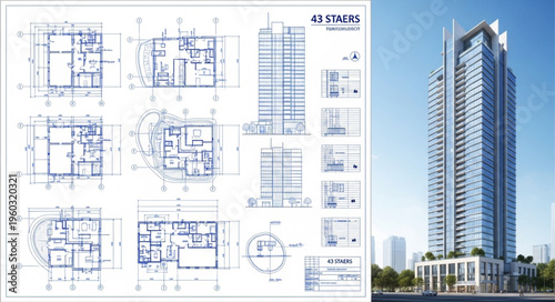 Architectural blueprints and a modern high-rise building, a visual comparison.
