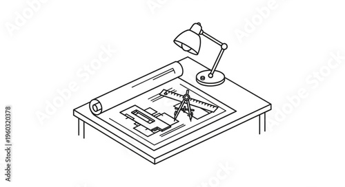 Architectural design table with lamp and blueprints, creative workspace concept.