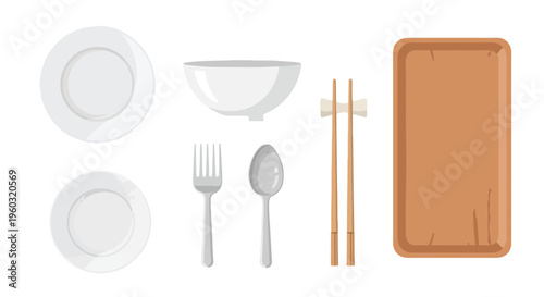 Flat lay of assorted tableware and utensils on a white background, including plates, bowl, fork, spoon, chopsticks, and tray.