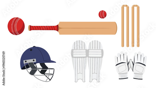 Essential Cricket Sport Equipment Flat Design Vector Illustration Set